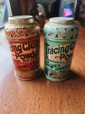 Antique Tracing Cloth Powder Hughes Owen, set of two tin cans with product