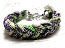 Kendra Scott Masie Bracelet Silver Tone Lime Green Thick Braided Cord Chunky 7"