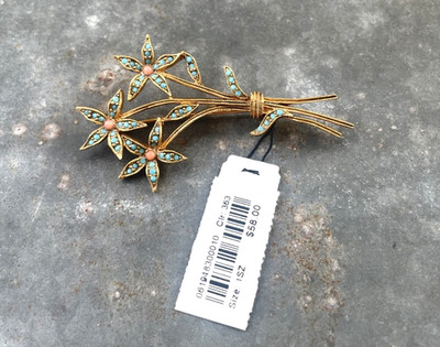Vintage gold tone Flowers Floral Brooch w/ turuqoise and pink accents