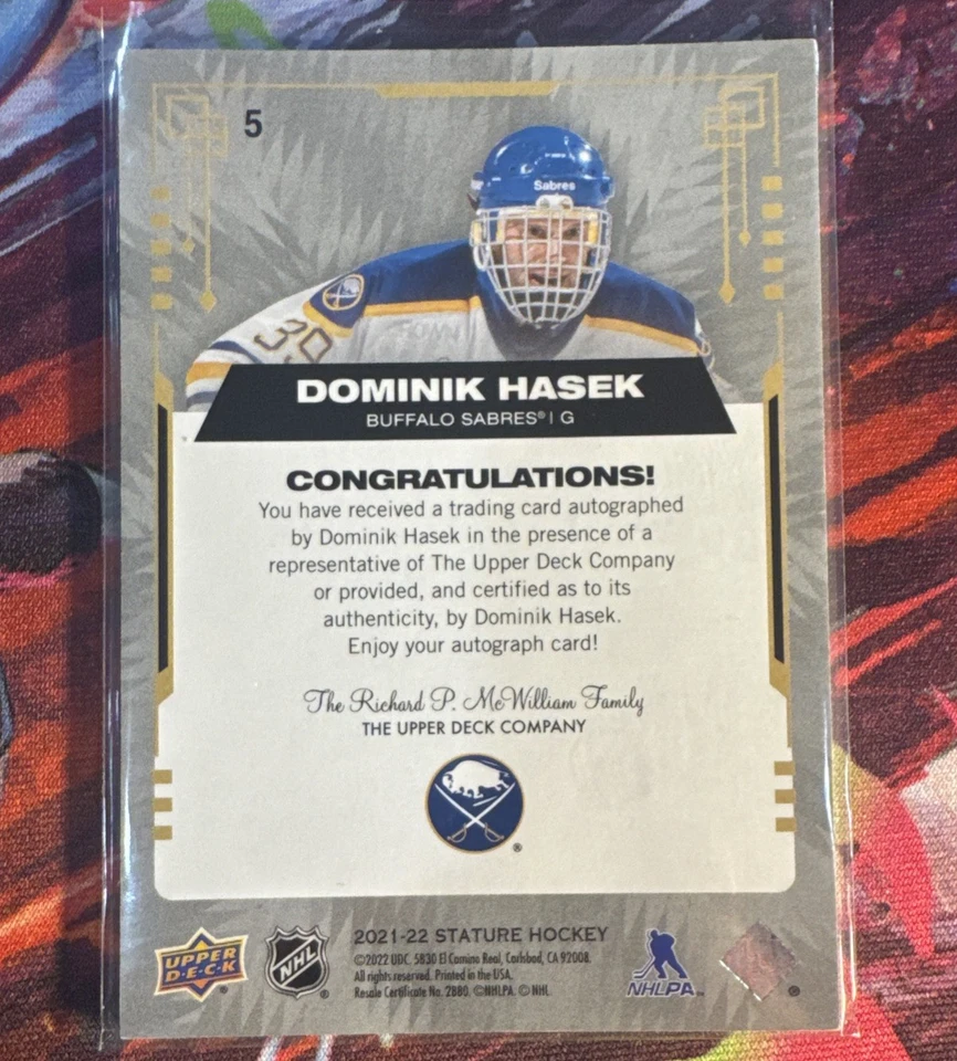 2021 UD STATURE #5 DOMINIK HASEK AUTO PHOTO VARIANT RED 5/5 SABRES EBAY 1/1 - Image 3 of 3