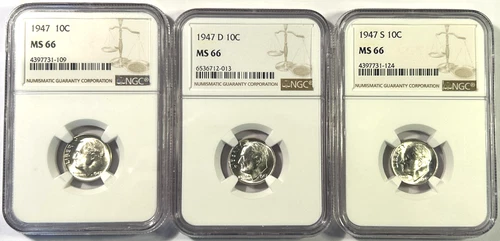 1947 PDS Roosevelt Silver Dimes MS66 NGC (3) Beautiful Blast White Coins!