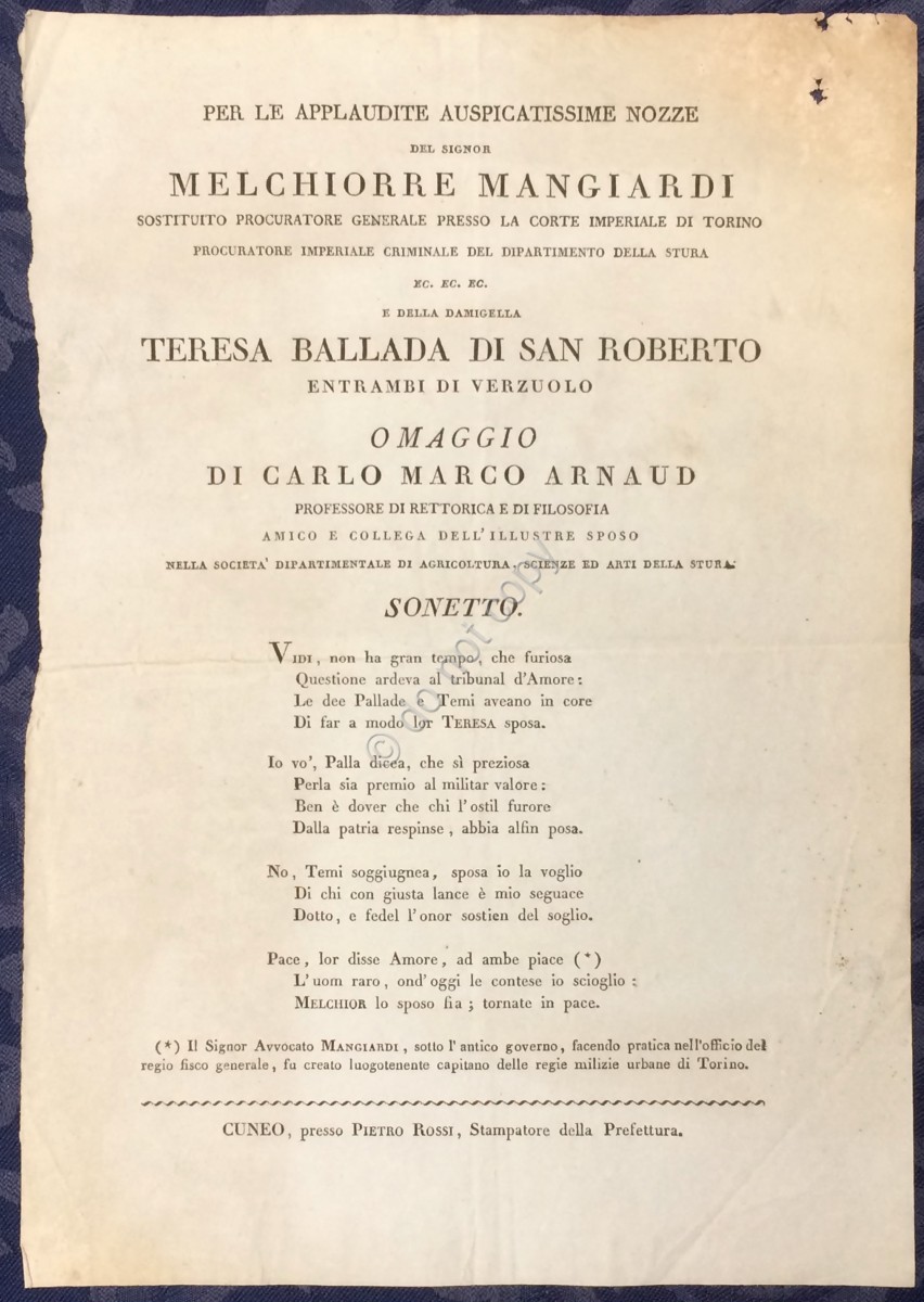 Sonetto per le Nozze di Melchiorre Mangiardi e Teresa Ballada - Cuneo primi '800
