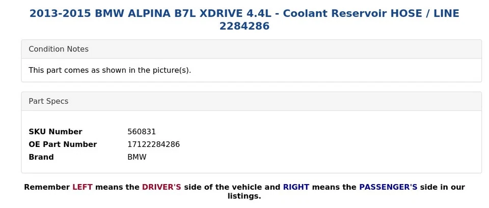 BMW ALPINA B7L XDRIVE 2013-2015 4,4 L - Depósito de refrigerante manguera/línea 2284286 Foto 4 de 4