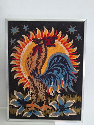 Tapisserie d'après Jean Lurçat. canevas vintage motif Coq.Tableau Mural Encadré