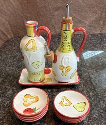 Noble Excellence/Tabletops Unlimited Ceramic Oil & Vinegar Set, Tray & 8 Plates