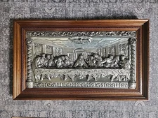 THE LAST SUPPER FRAMED WALL PLAQUE Silver METAL RELIEF 3D ART Vintage Beautiful
