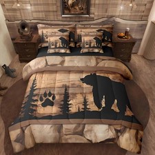 Bear Comforter Set King Size 7 Pcs Cabin Lodge Bed in a Bag Rustic Wild Animals