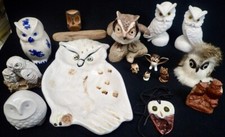 assortment of 15 collectible owls ceramic porcelain resin plastic fur wood