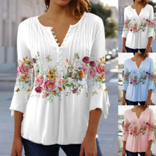 Womens Holiday Floral Tops Casual Button T-Shirt Ladies V-Neck Loose Blouse Tee