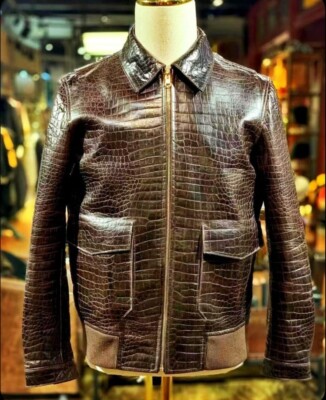 Mens Alligator Embossed texture genuine Black A2 Flight Leather Jacket All Size