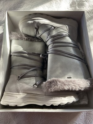 Geox Respira Faux Fur Trim Snow Silver/Light Gray Leather Boots Sz 10 NWB