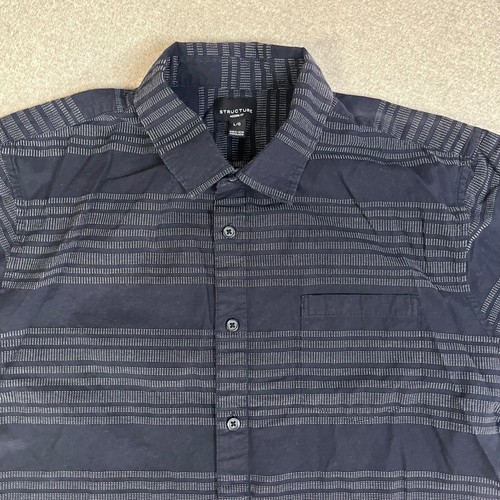 Structure Shirt Men Large Black White Stripe Modern Fit Button Casual Cotton - Picture 3 of 9