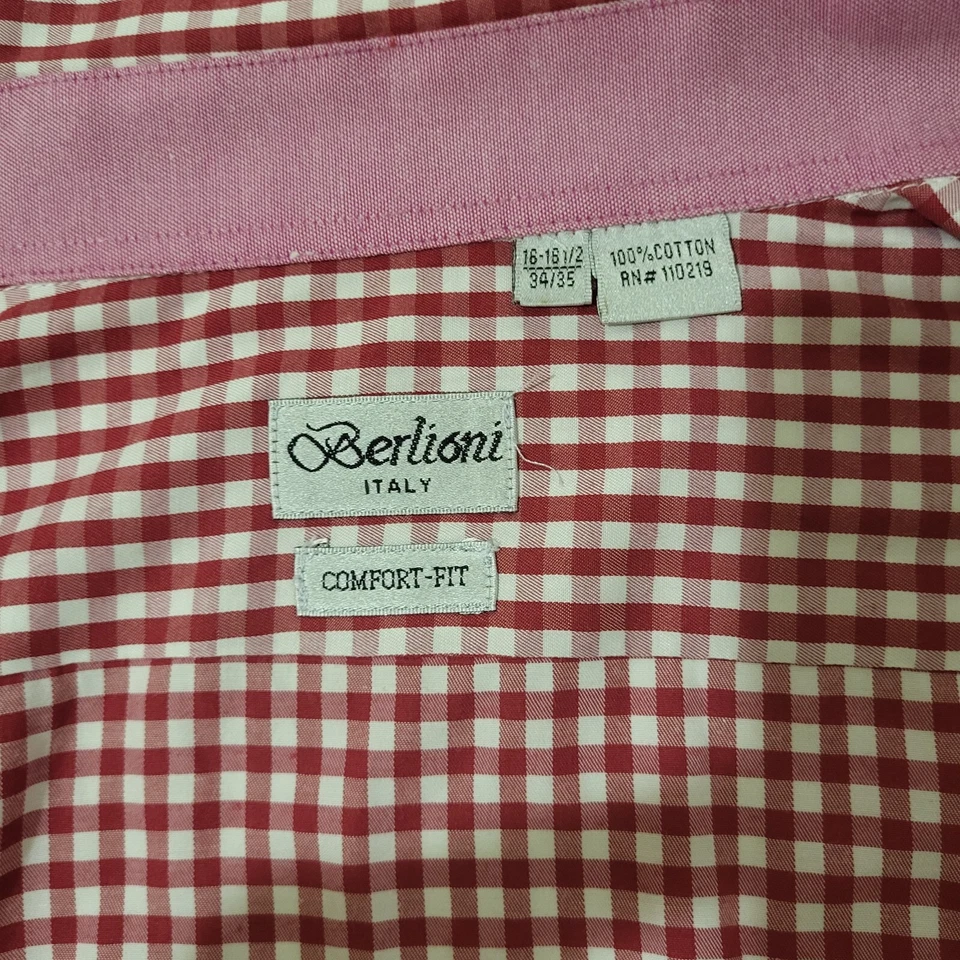 Berlioni Italian, Comfort Fit Dress Shirt Red Plaid Design  Men's  Size 34/35 - Image 4 of 4