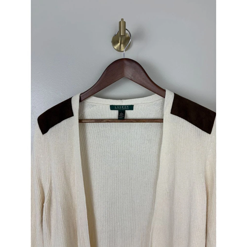 Lauren Ralph Lauren Cream Cardigan Sweater Knit Suede Shoulder Sz Large Flaw - Image 3 of 4