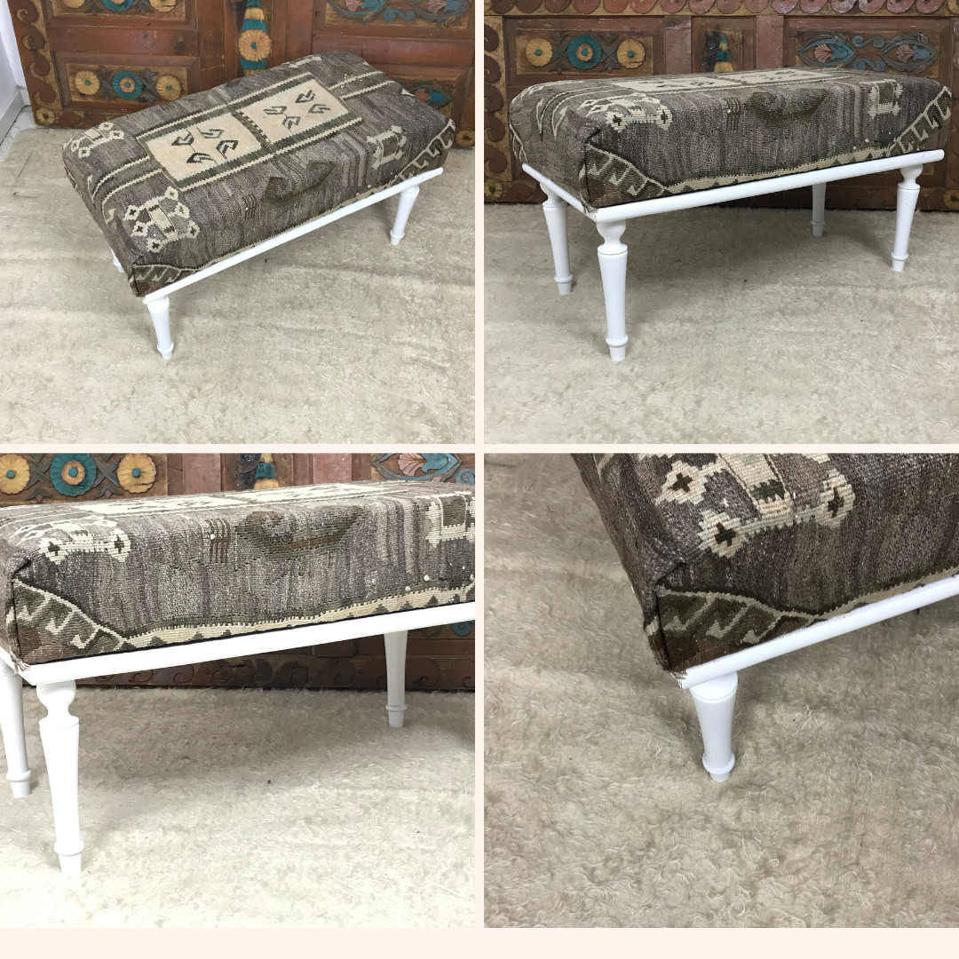Handmade Kilim Upholstered Ottoman Footstool Piano Entryway Bedroom Bench