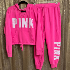 PINK Victorias Secret Cinched Crop Hoodie  Sweatpants Atomic Pink Set L/XL