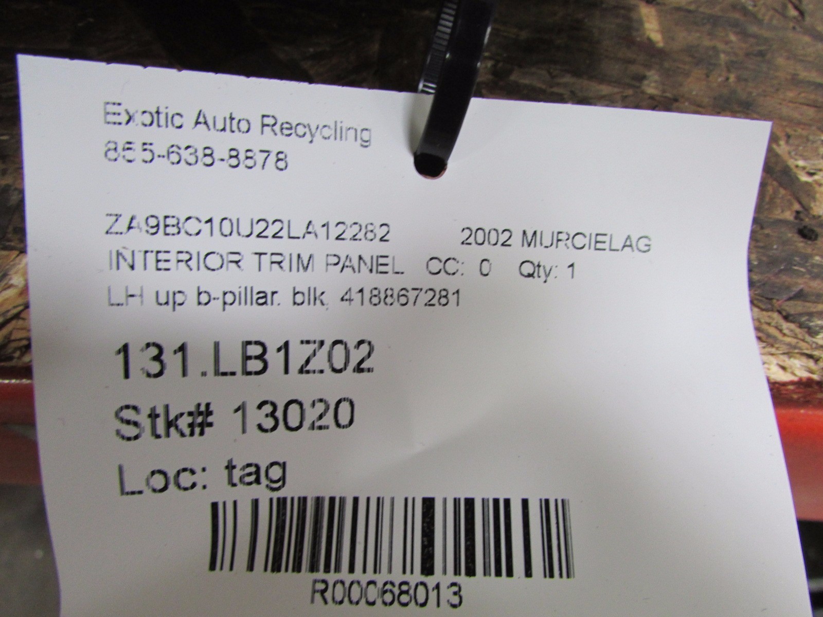 Lamborghini Murcielago, LH, Left Upper B-Pillar Trim, Black, P/N 418867281