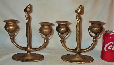ANTIQUE PAIR L.C.T. TIFFANY STUDIOS GOLD DORE BRONZE CANDLE STICKS CANDLE HOLDER