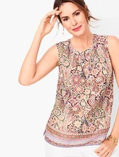 Talbots Shirt Womens LP Medallion Border Split-Neck Shell Sleeveless Blouse