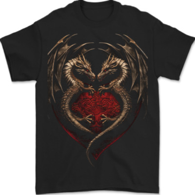 2 Fantasy Drachen in Herzform Gothic Goth Herren T-Shirt 100% Baumwolle