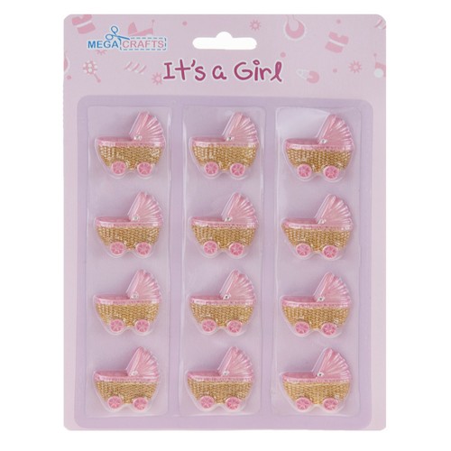 Mega Crafts - Girl Baby Carriage Poly Resin Embellishments - Pink, Set of 12PCS - Picture 2 of 3