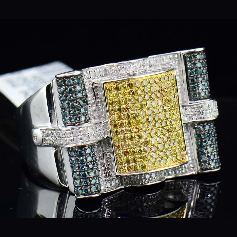 1.45 克拉蓝色和黄色钻石 14K 镀白金声明戒指男式戒指 — 第 2/4 张图片