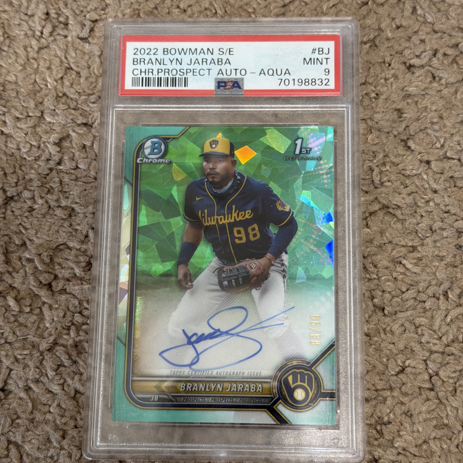 BRANLYN JARABA 2022 Bowman Sapphire Chrome Autograph Aqua #/99 PSA 9 MINT AUTO view 1