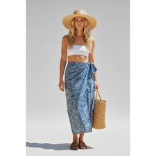 Vintage 90s Liz Claiborne Lizwear Blue Batik Print Sarong Wrap Skirt Cover Up S