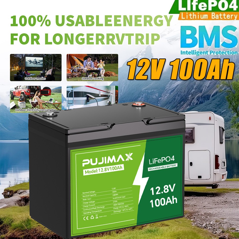 12V 100Ah LiFePO4 Lithium Battery Deep Cycle Built-in BMS for Solar RV Marine. Available Now for $129.98