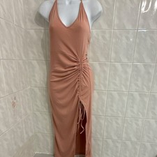 SHEIN Pink Ruched Halter Bodycon Maxi Dress Slit Drawstring XS