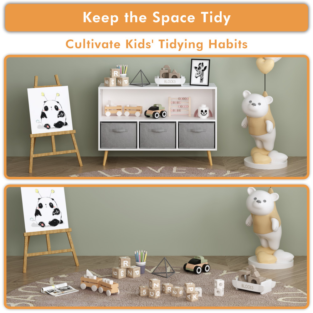 Kids Bookcase with Fabric Drawers, Children's Book Display & Toy Storage Cabinet