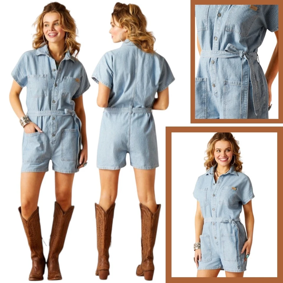 Ariat NUEVO Western Mameluco Pantalones Cortos Mujer XL Espiga Denim Utilitario Vaquera Boho Foto 2 de 4