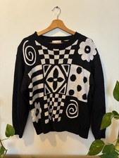 Vintage Crazy Sweater / Black and White Geometric Floral / Women's M/L