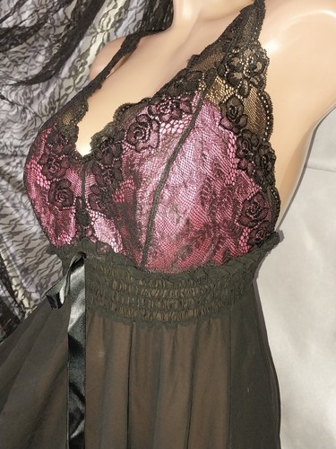 VTG SILKY SHEER SEE THRU CHIFFON LACY BLK PINK NIGHTGOWN NIGHTIE FRILLY 46 48" - Picture 4 of 8