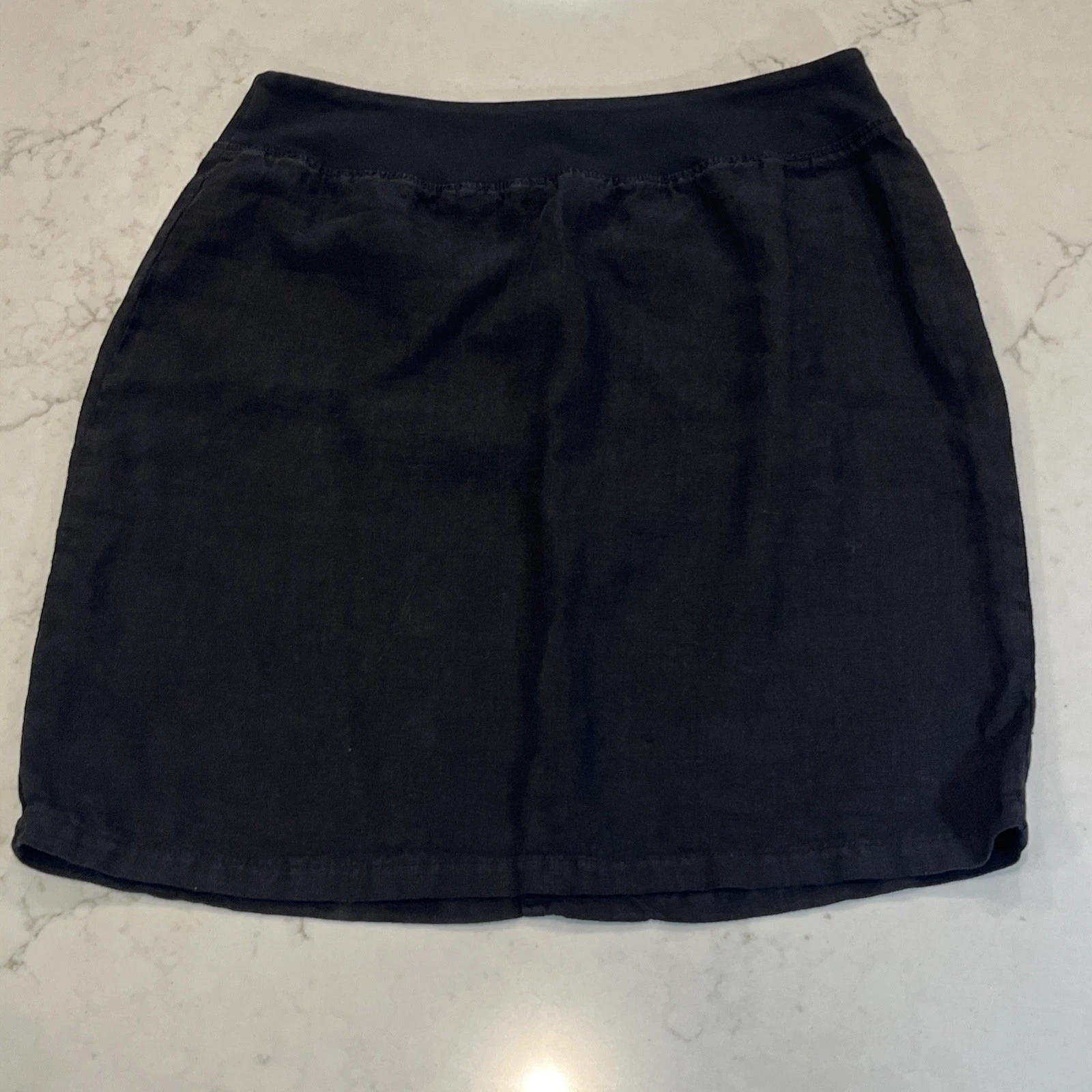 Cut Loose Walking Skirt Medium 100% Linen Pull On Black Beach USA Knit Waistband