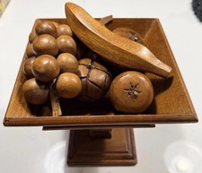Midcentury Vintage Carved Walnut Wood Fruit in Turned Pedestal Bowl Center Piece
