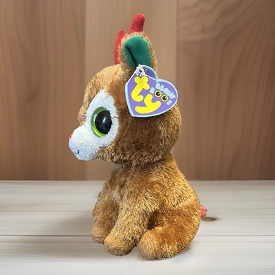 Ty Beanie Boos COMET THE REINDEER Solid Eyes 6'' 2015 with Purple Tag Red Antlers