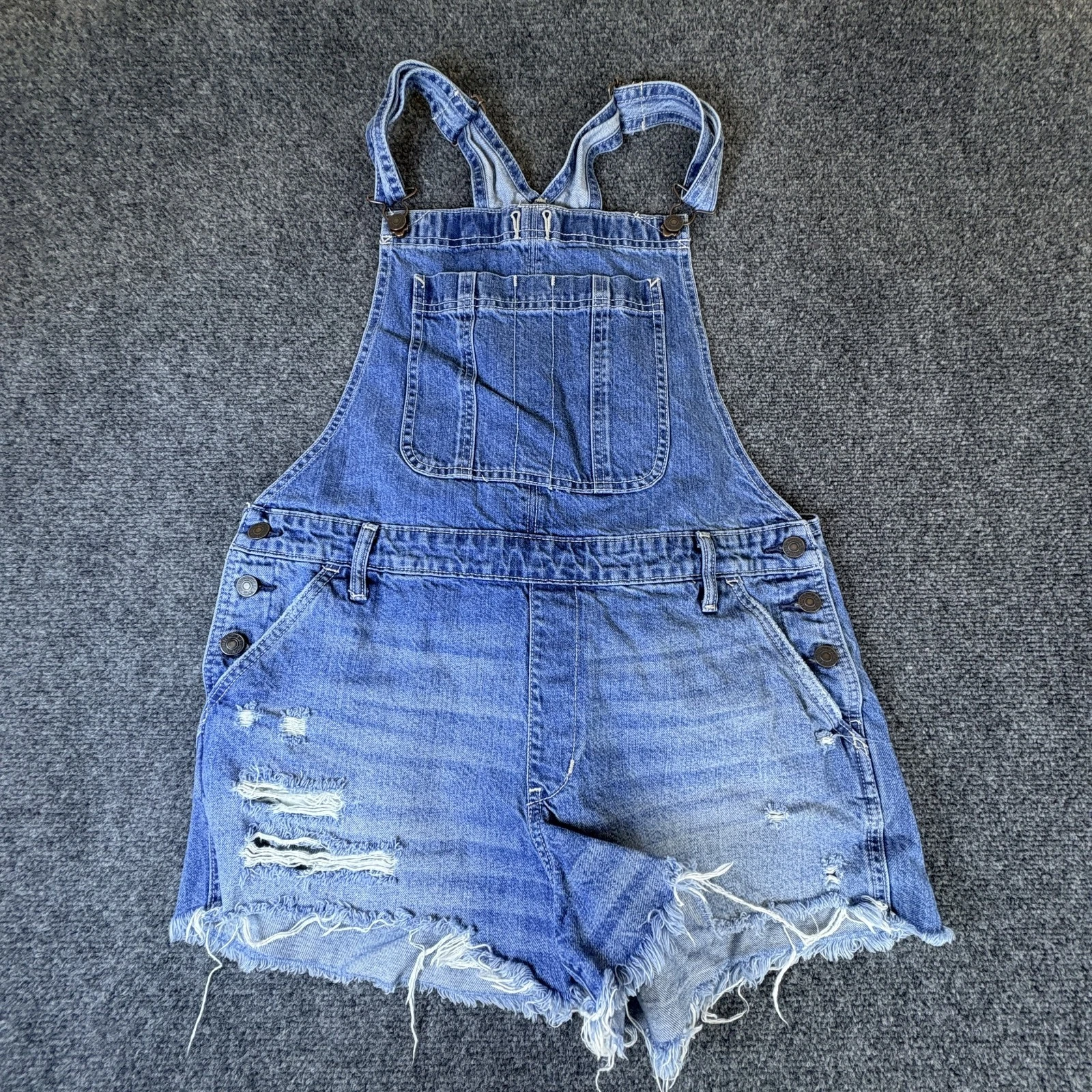 Abercrombie & Fitch Shorts Overalls Women's L Blue Denim Frayed Hem Wide Straps