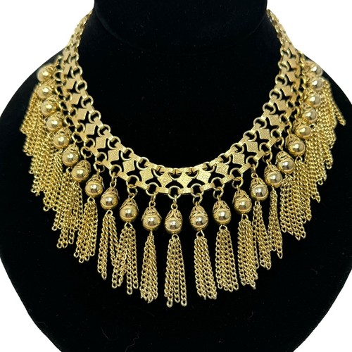 Vintage Textured Gold Tone Tassel Runway Statement Necklace