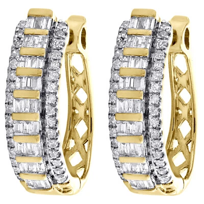 10K Gelbgold Jeans Baguette Diamant Oval Klappbar Reifen Kuppel Ohrringe 0.50 CT - Bild 1 von 4