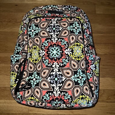 Vera Bradley Essential Large Backpack Mod Paisley Laptop Black Logo Brown GUC
