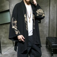 Embroidery Dragon Men Japanese Coat Kimono Top Outwear Cotton Vintage Loose