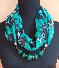 Unikat! Damen Schal Schmuckschal mit Kette Holz, 145 X 38cm Viskose Grün Schwarz