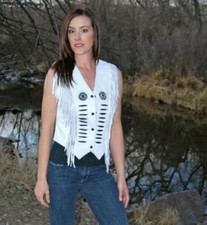Women Cowlady White Cowskin Fringes & Rosary Western Vest