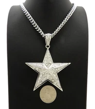 Silver PT Iced Large Star Bling Pendant & 6mm 24" 30" Cuban Chain Necklace