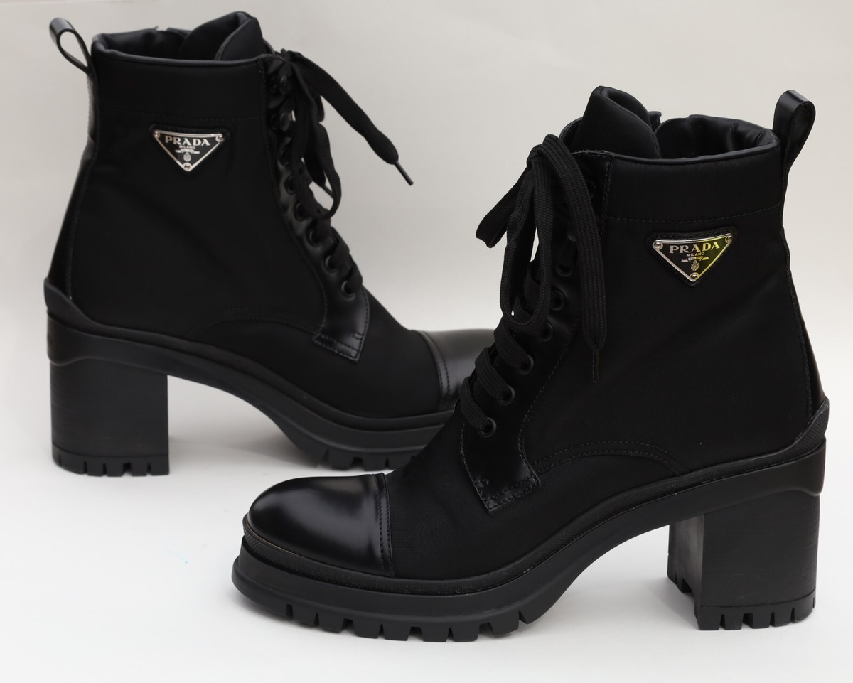 Prada Black Nylon And Leather Cap Toe Ankle Boots EU 41 -US 11
