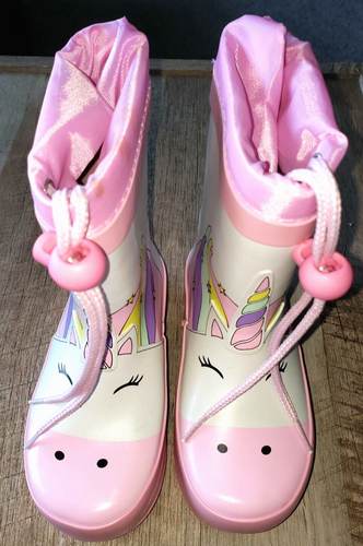 toddler girls size 7 NEW PINK RAIN BOOTS UNICORNS pull string top CUTE! - Picture 2 of 2