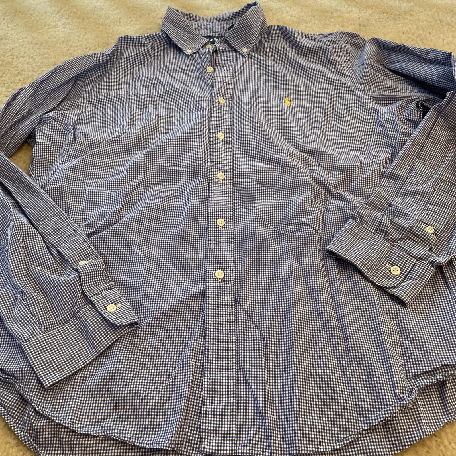 Polo Ralph Lauren camicia uomo XL blu check bottoni preppy gingam giallo pony