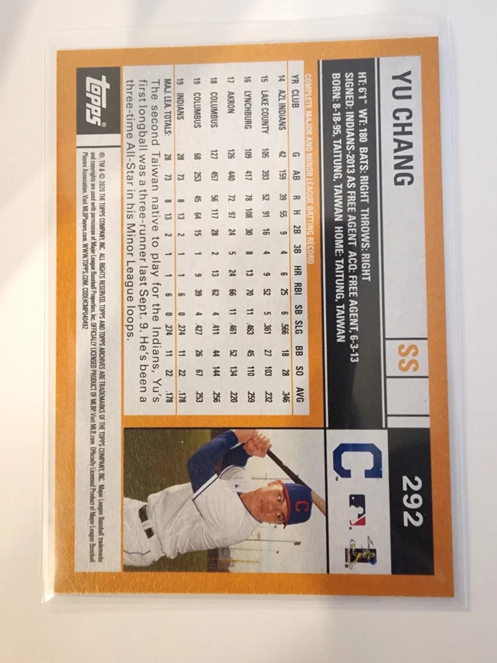 2020 Topps Archives #292 Yu Chang RC (ref 108037) - Image 2 of 2