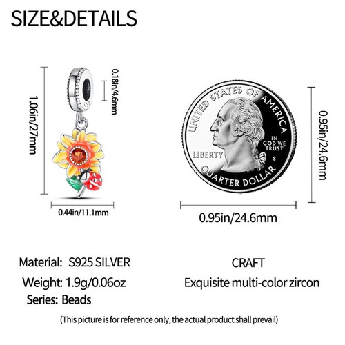 Sunflower Ladybug Ladybird Lucky Dangle Flower Charm 925 Sterling Silver - Picture 2 of 5